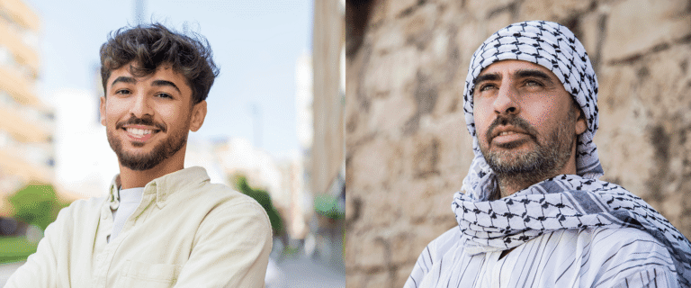 Side-by-side portraits of a smiling young man in a light-colored shirt and a man wearing a black-and-white keffiyeh. Karim and Mohammad's portraits.