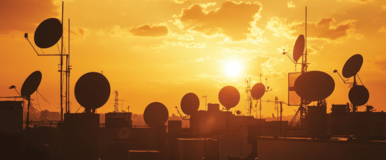 Sunset view of satellites on top of buildings
